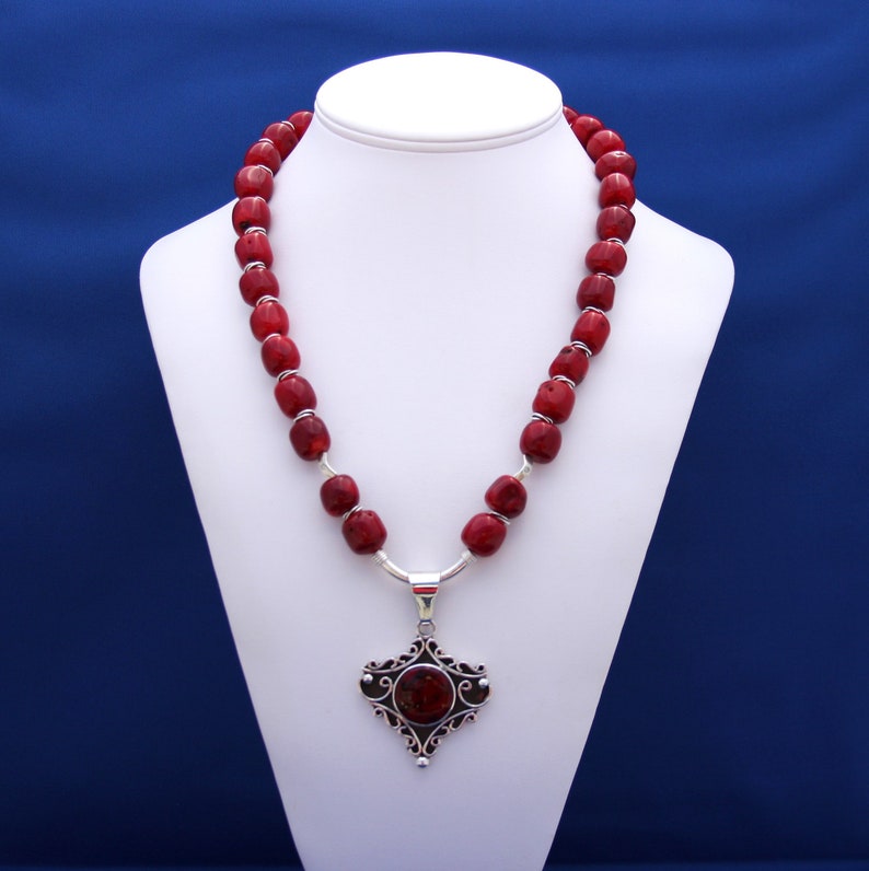 Coral Necklace Jade and Silver Pendant Red Necklace Red Etsy