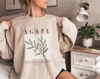 Agape Christian Minimalist Womens Crewneck Sweatshirt, Trendy Faith Based Ladies Apparel Gift for Her, Religious Mama Bible Verse Sweater