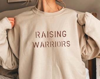 Womens Christian Sweater, Raising Warriors Military Style Mama Crewneck Gift, Faith Based Active Duty Mom Sweatshirt Present for Baby Shower