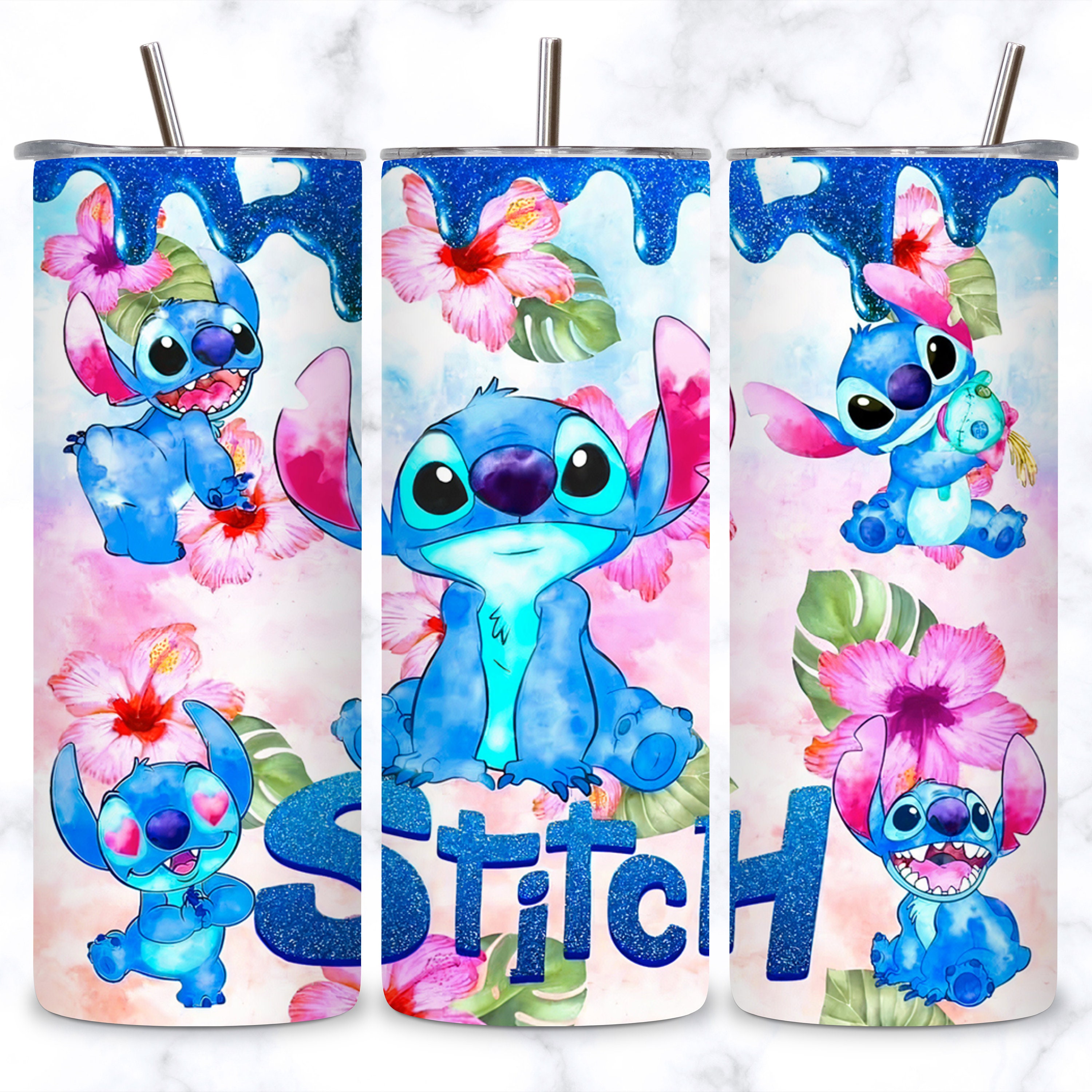 Summer Stitch 20oz Skinny Tumbler, 3D Puffy Stitch with Flowers Tumbler, 3D Puffy Cartoon Sublimation PNG, Blue Monster Sublimation