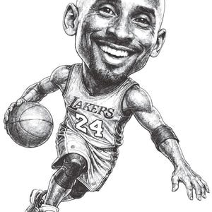 May include: Black and white caricature of a basketball player dribbling a ball. The player wears a Lakers jersey with the number 24. The image is a detailed pen and ink drawing with a focus on the player's face and action.