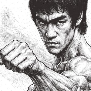 May include: Detailed black and white illustration of a man in a fighting stance, with a clenched fist and focused expression. The artwork emphasizes muscular definition and dynamic pose, suitable for martial arts enthusiasts.