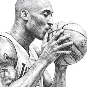 May include: Black and white pen and ink illustration of a basketball player kissing a basketball. The player is wearing a jersey with the number 24. The image is a detailed drawing with shading.
