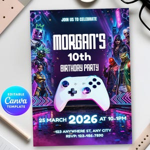 Peut inclure: Une invitation d'anniversaire vibrante sur le thème du jeu vidéo. L'invitation présente le texte "MORGAN'S 10th BIRTHDAY PARTY" et comprend un graphique de manette de jeu blanche. La date est le 25 mars 2026, de 10h à 13h. L'invitation est un modèle Canva.