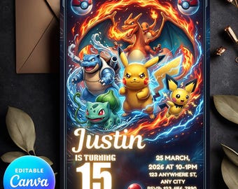 Modello di invito per festa di compleanno di Pokemon per il 15° compleanno, invito per bambini a tema Pikachu da scaricare digitalmente
