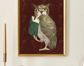 Halloween Owl Art Print | Vintage fall illustration | Spooky book lover decor | Dark Academia Autumn Digital Download | Cottagecore Decor