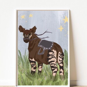 May include: A digital illustration of a brown and white okapi with a purple saddle and white stars in the background.