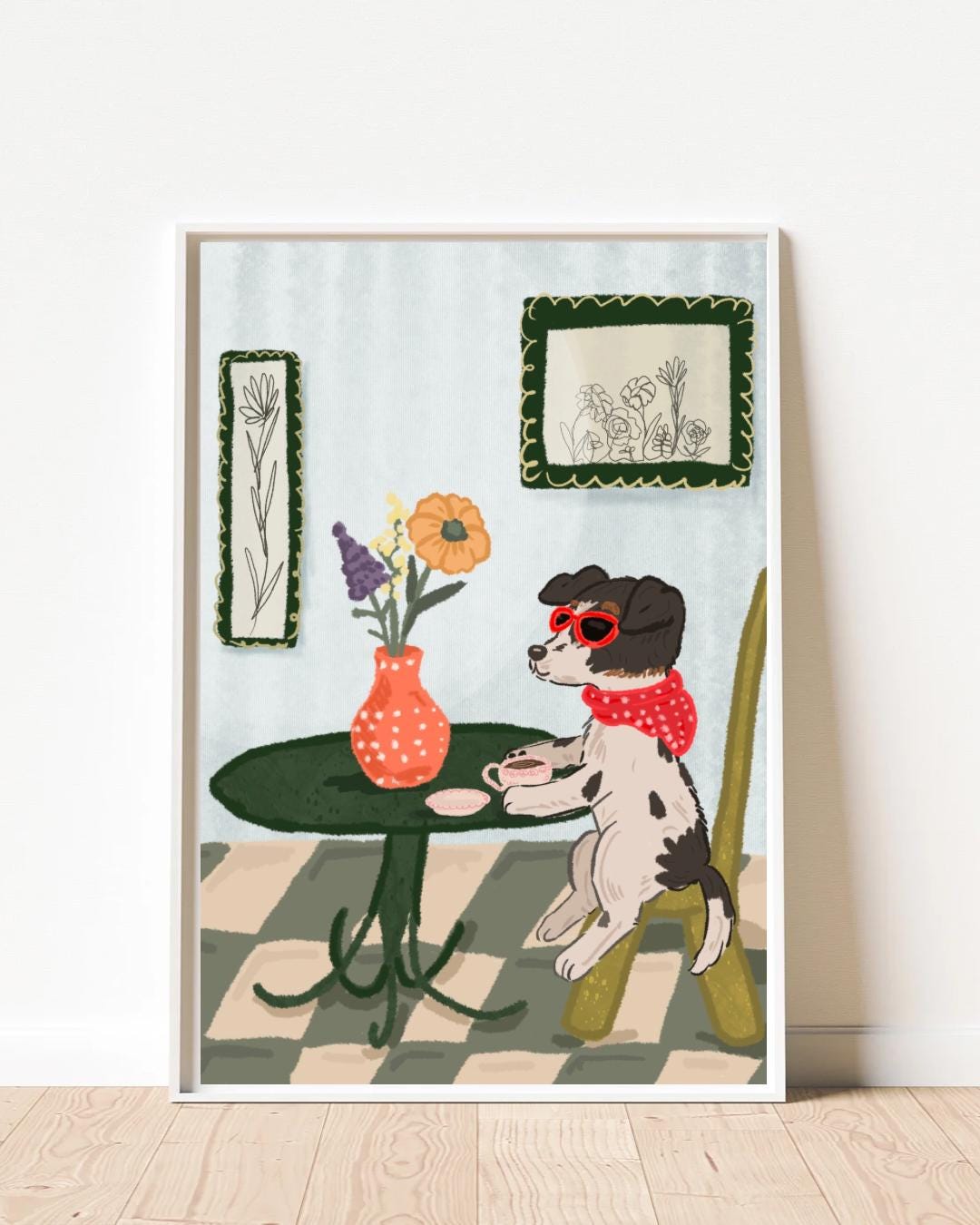 Whimsical Dog Cafe Art Print - Cute Vintage Style Dog Illustration ...