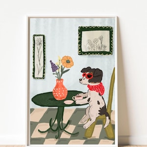 May include: A cartoon illustration of a dog wearing red sunglasses and a red bandana sitting at a table with a cup of coffee. The dog is sitting on a chair in a room with a chequered floor and two framed drawings on the wall.
