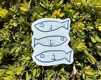 Grillige vissensticker | Sticker bezorgde sardientjes | schattige oceaandierensticker | Laptop, waterfles, notebooksticker | Waterdicht vinyl