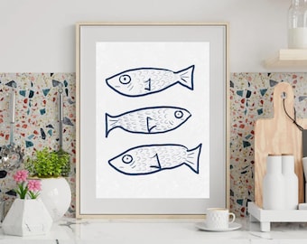 Minimalistische Fische Kunstdruck | Maritime Wanddekoration | Küsten Küche Kunstwerk | Skandinavische Fisch Illustration | Digitaler Download