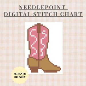 May include: A needlepoint digital stitch chart featuring a pixelated cowboy boot design. The boot has a pink shaft with white decorative lines and a brown foot and heel. The text reads NEEDLEPOINT DIGITAL STITCH CHART and BEGINNER FRIENDLY.