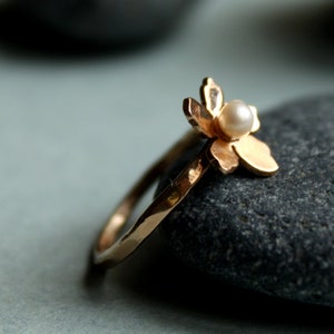Floral Pearl Ring 14k Solid Gold, Unique Handmade Flower Engagement Ring, Rose Gold Cherry Blossom Promise Ring, June Birthstone Ring image 1