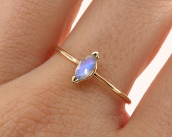 Marquise Moonstone Ring 14k Solid Gold, Dainty Moonstone Engagement Ring Marquise Cut, June Birthstone Jewelry, Handmade Unique Promise Ring