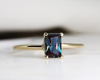 14k Gold Alexandrite Ring, June Birthstone Ring, Emerald Cut Alexandrite Engagement Ring, 15th Anniversary Ring, Handmade Engagement Ring