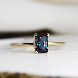 14k Gold Alexandrite Ring, Handmade Emerald Cut Alexandrite Engagement Ring, June Birthstone, 15th Anniversary Ring, Birthday Jewelry Gift