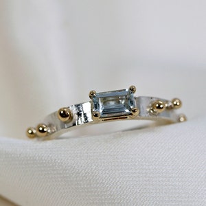 Emerald Cut Aquamarine Ring, Handmade Mixed Metal Ring, March Birthstone Ring, Art Deco Aquamarine Ring, Ocean Jewelry, Birthday Gift