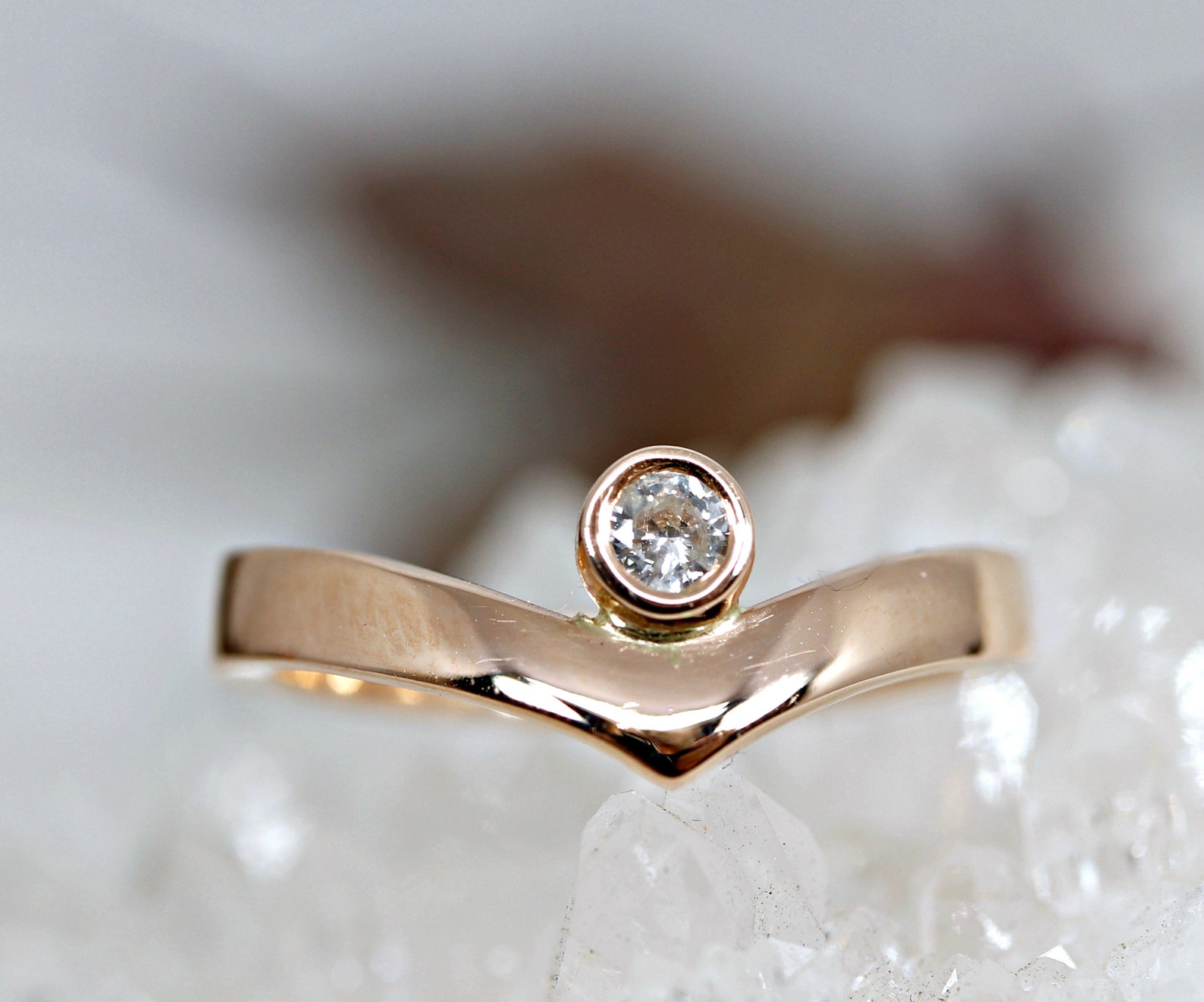 Rose Gold Engagement Ring Chevron Wedding Band Diamond V - Etsy - Chevron Wedding Band With Engagement Ring