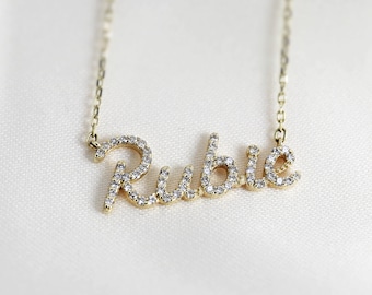 Genuine Diamond Name Necklace, 14k Gold Personalized Jewelry Script Necklace, Real Diamond Monogram Necklace, Custom Name Necklace