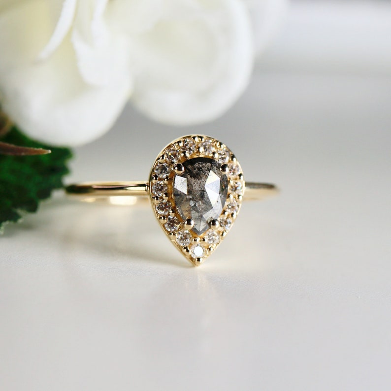 Rose Cut Pear Salt and Pepper Diamond Ring 14k Gold, Black Diamond Ring, Unique Engagement Ring, Gift for Wife image 3