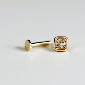 Cz Square Flat Back Earrings 14k Solid Gold, Internally Threaded Earrings, Simulated Diamond Gold Stack Studs, Mothers Day Gift for Her