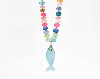 Disco Opal Silk Hand Knotted Necklace with Chalcedony Fish Charm, Gold Filled Lobster Clasp