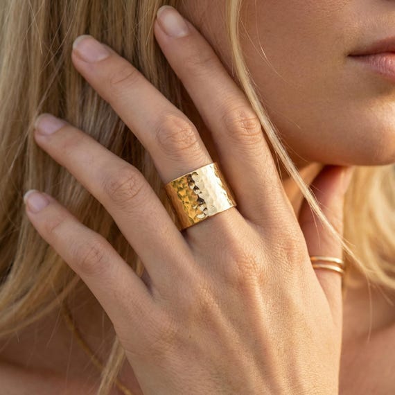 Wide Gold Band Ring, Cigar Band Ring Gold Filled, Gold Hammered