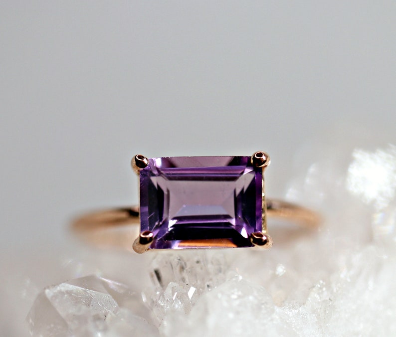 Emerald Cut Amethyst Ring Rose Gold, Amethyst Engagement Ring, February Birthstone, Art Deco Engagement Ring, Gemstone Ring Solid Gold image 2