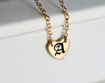 Gold Initial Heart Necklace Personalized, Old English Gothic Letter Necklace, Kids Initial Pendant, Gift for Mom