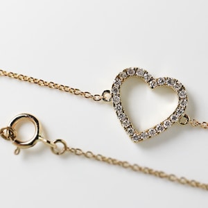 Diamond Heart Bracelet 14k Solid Gold, Genuine Diamond Pave Bracelet, Gold Heart Jewelry, Cluster Diamond Bracelet Gold Jewelry Gift for Mom