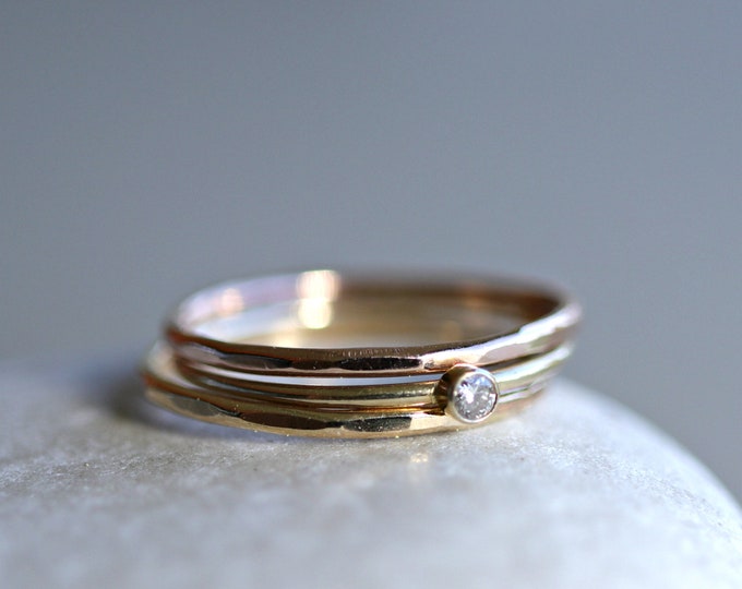 Diamond Stacking Ring Set, 14k Solid Gold Stacking Rings, Gold Ring Stack Set, Delicate Gold Stack Rings, Tiny Diamond Ring