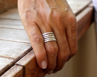 Stackable Ring Set of Five, Sterling Silver Stacking Ring Set, Hammered Silver Ring, Thin Silver Ring, Silver Beaded Ring