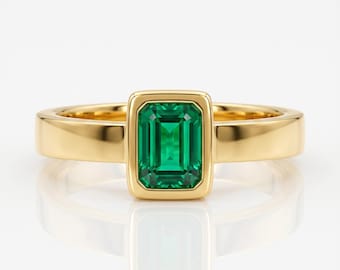 Bezel Set Emerald Ring 14k Solid Gold, Emerald Engagement Ring, Emerald Cut Emerald Unisex Ring, Thick Band May Birthstone Ring Art Deco