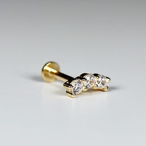 Three Stone Bar Ear Piercing 14k Solid Gold, Flat Back Earrings Cz Ear Crawler Piercing, Internally Threaded Earrings Studs, Tragus Earring