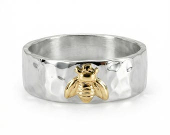 Honey Bee Ring Sterling Silver, Boho Mixed Metal Jewelry, Handmade Bee Jewelry, Personalized Unisex Ring, Jewelry Gift for Her, Nature Lover