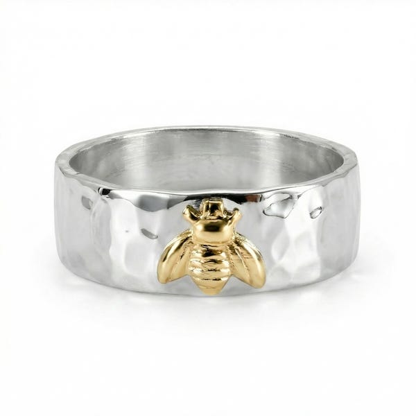 Honey Bee Ring Sterling Silver, Boho Mixed Metal Jewelry, Handmade Bee Jewelry, Personalized Unisex Ring, Jewelry Gift for Her, Nature Lover