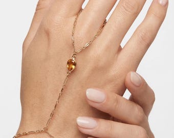 Gold Slave Bracelet Gold Filled, Citrine Hand Chain Ring Bracelet, Bezel Set Citrine Handlet,  , Minimalist Gemstone Jewelry Gift for Mom