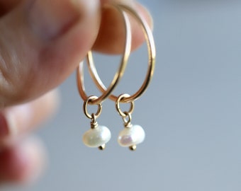 Pearl Hoop Earrings Gold Filled, Rose Gold Hoop Earrings, Rose Gold Pearl Earrings, Bridal Jewelry, Bridesmaid Earrings, Wedding Earrings