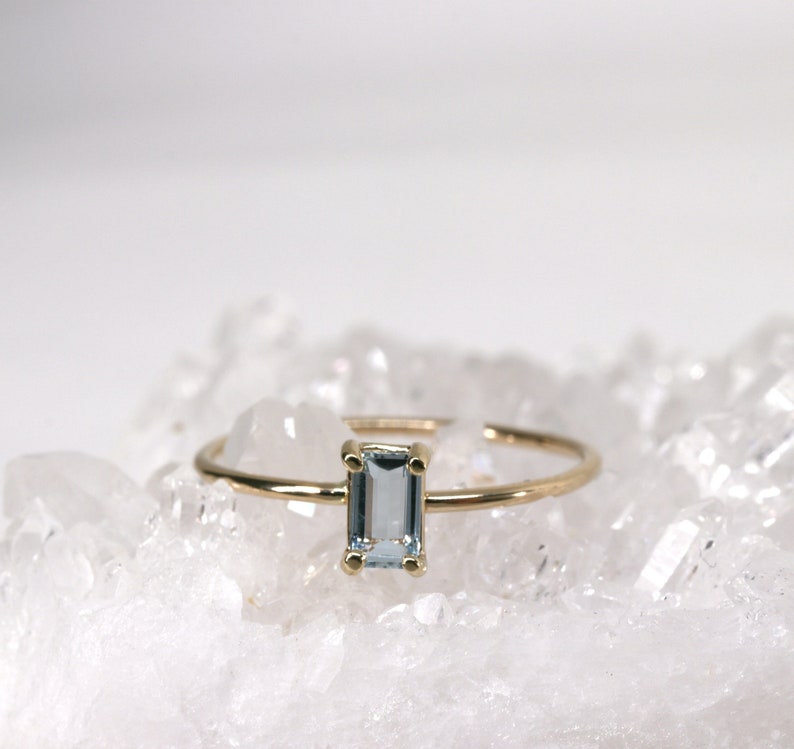 Aquamarine Engagement Ring 14k Solid Gold, Emerald Cut Aquamarine Ring, March Birthstone Jewelry Birthday Gift, Modern Unique Gemstone Ring image 3