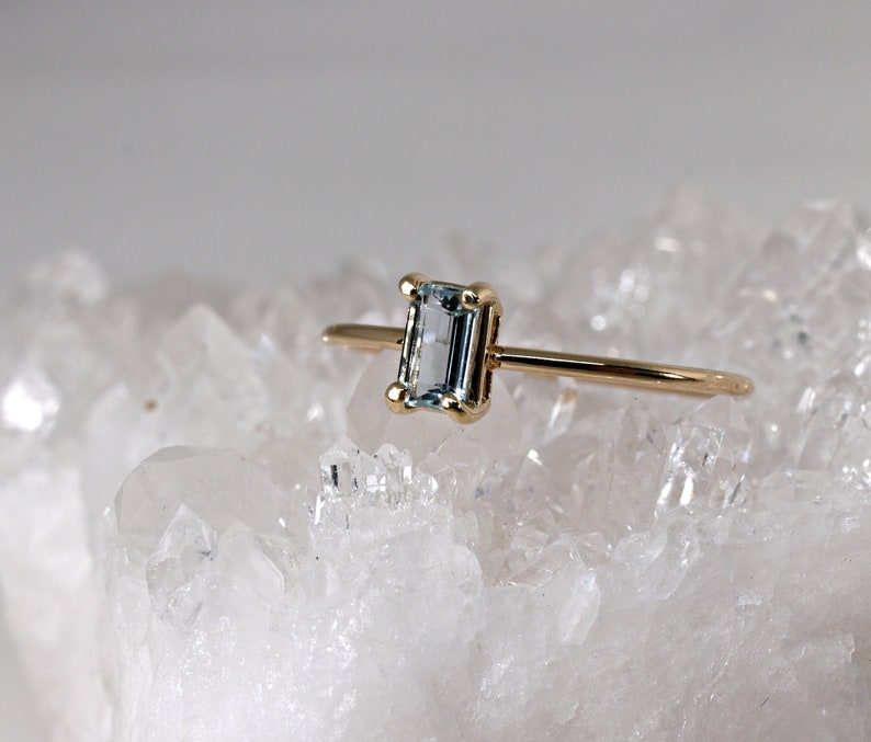 Aquamarine Engagement Ring 14k Solid Gold, Emerald Cut Aquamarine Ring, March Birthstone Jewelry Birthday Gift, Modern Unique Gemstone Ring image 5