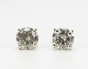 Grey Diamond Stud Earrings 14k Solid Gold, Natural Salt and Pepper Diamond Earrings, Minimalist Bridal Studs, Wedding Jewelry Gift for Her