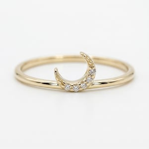 14k Solid Gold Diamond Crescent Moon Ring, Pave Diamond Stackable Ring, Celestial Gold Ring, Dainty Diamond Ring, Gift for Her