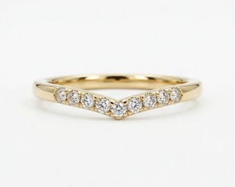 Curved Diamond Wedding Band, Chevron Ring, Pave Diamond Curved Wedding Band, Gold Band, Gift For Her, Genuine Diamonds Nesting Band