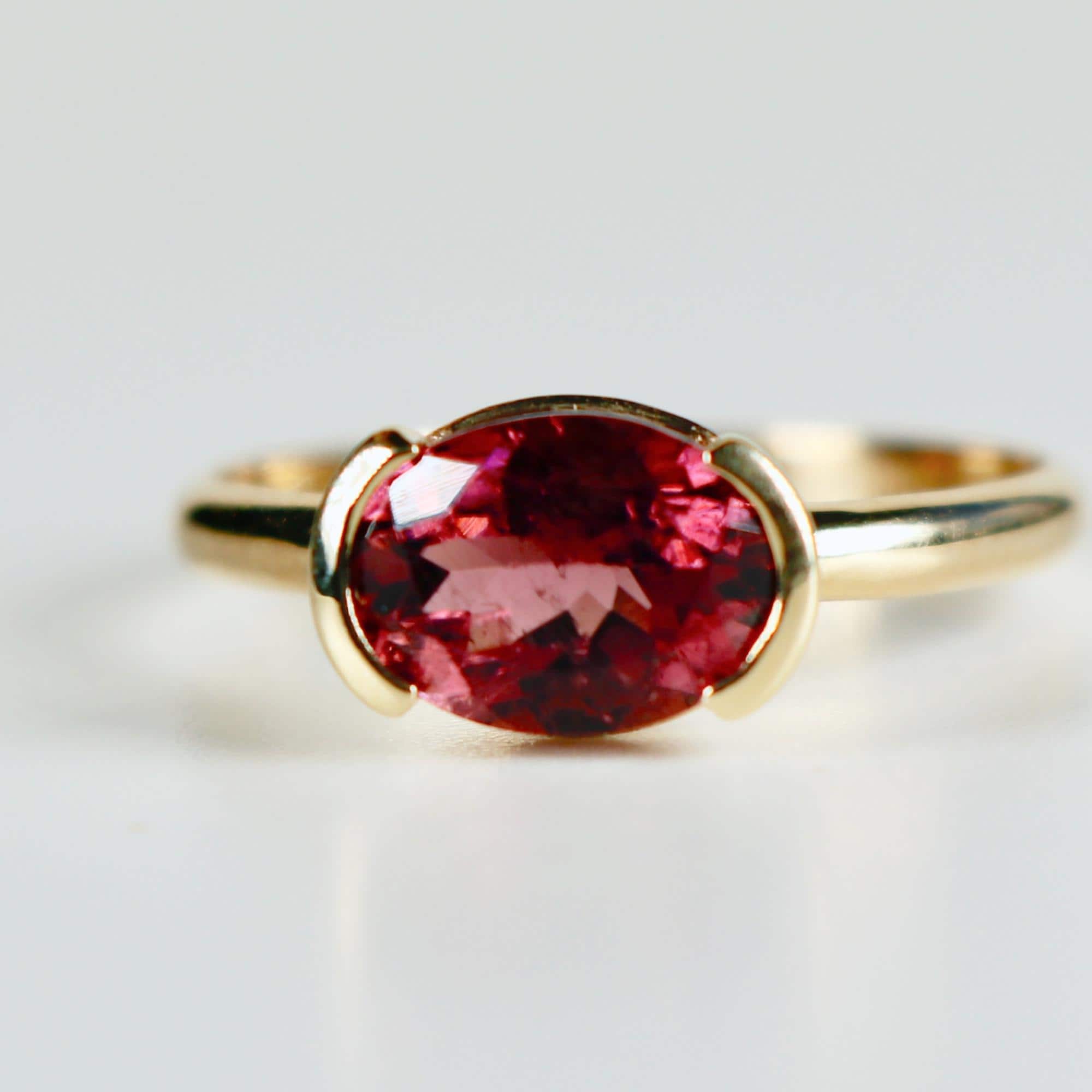 Pink Tourmaline Engagement Ring 14k Gold, East West Oval Bezel Pink Tourmaline Ring, Handmade Half Bezel Solitaire Ring, Statement Jewelry