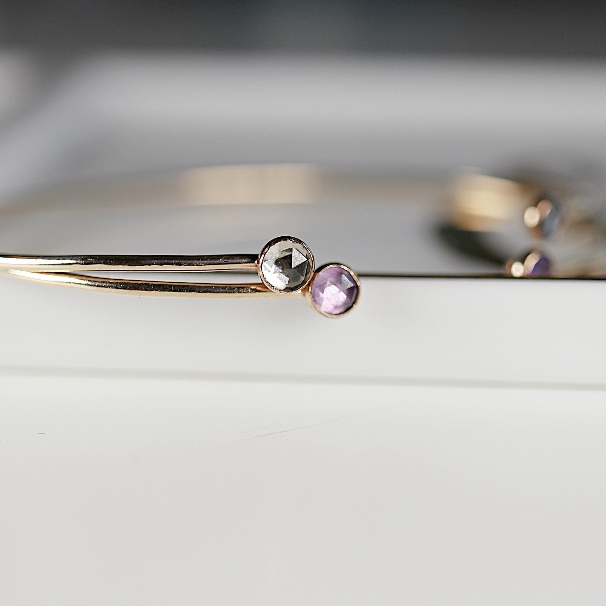 Dual Birthstone Bracelet Gold Filled or Sterling Silver Gemstone Bangle Handmade Two Birthstone Jewelry Open Cuff Bracelet. Birthday Gift