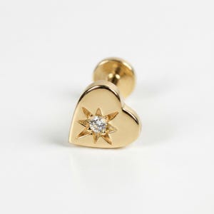 14k Solid Gold Northstar Heart Cartilage Earring, Internally Threaded Flat Back