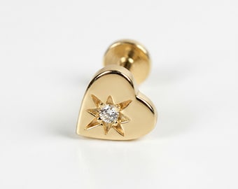 14k Solid Gold Northstar Heart Cartilage Earring, Internally Threaded Flat Back Studs