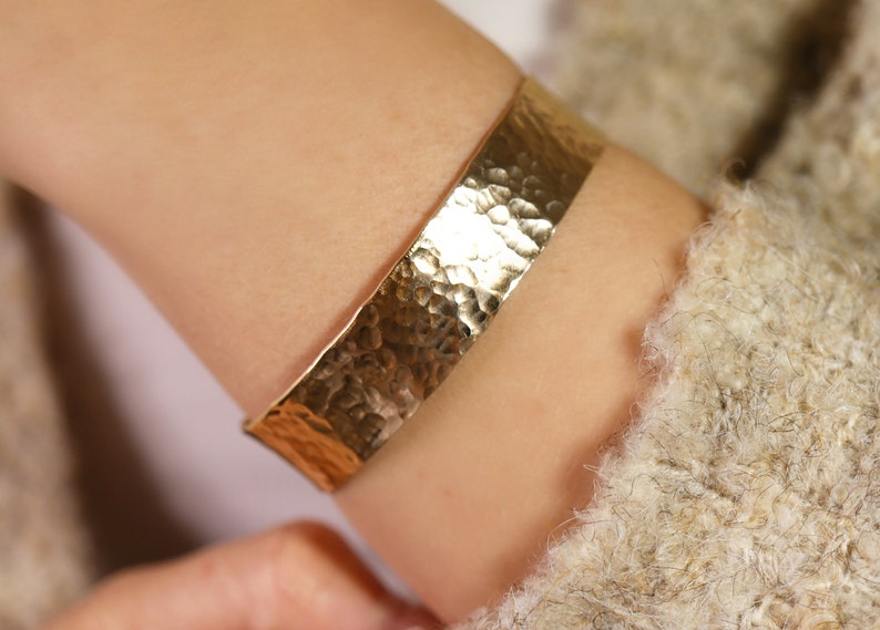 Wide Cuff Bracelet Gold Filled, Hammered Gold Cuff Bracelet, Personalized Bracelet Handmade Open Cuff, Statement Jewelry, Gift for Her image 1