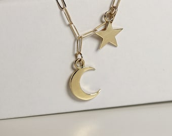 Moon and Star Necklace 14k Solid Gold, Moon and Star Choker, Crescent Moon Necklace, Gold Moon Star Necklace, Celestial Jewelry Gift for Her