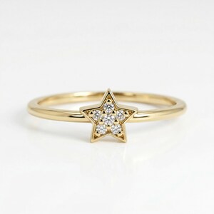Natural diamond star ring in 14k gold with dainty pave diamonds, minimalist celestial stacking ring, delicate gold star ring gift for mom or everyday wear